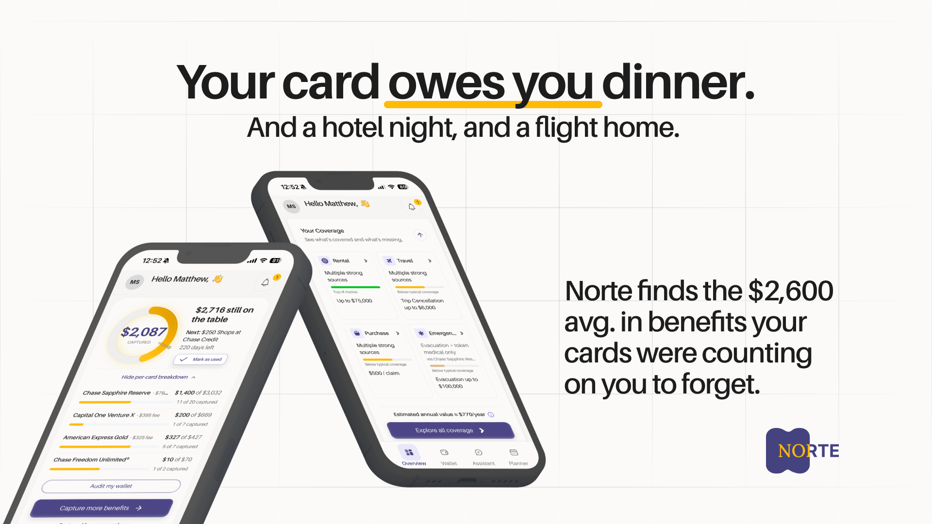 Norte on iOS. Two phones on a paper background showing the wallet overview and the coverage grid.